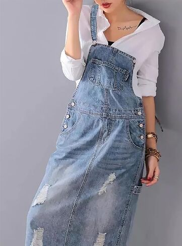 Women's Vintage Distressed Adjustable Strap Denim Overall Dress A-Line Split Pinafore Bib Jean Dress in Kuwait