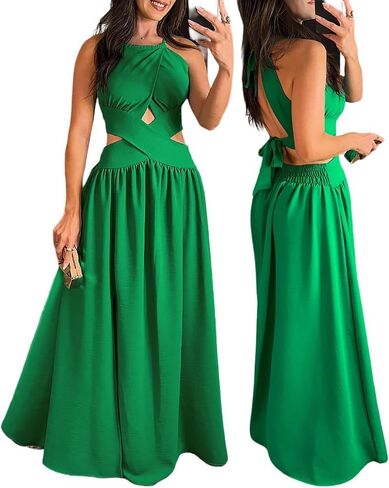 CHICME Women's Sleeveless Halter Neck Dress Criss Cross Tie Back Split High Maxi Dress in Kuwait