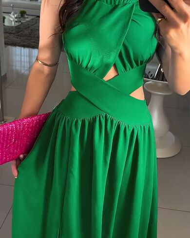 CHICME Women's Sleeveless Halter Neck Dress Criss Cross Tie Back Split High Maxi Dress in Kuwait