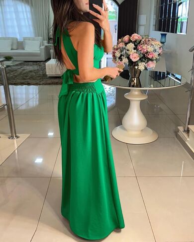 CHICME Women's Sleeveless Halter Neck Dress Criss Cross Tie Back Split High Maxi Dress in Kuwait