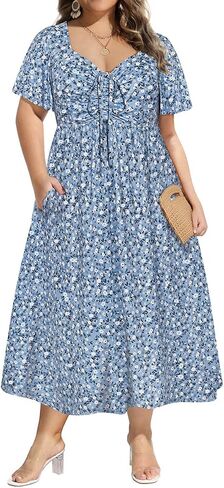CARCOS Plus Size Dresses for Curvy Women Tie Sweetheart Neck Summer Maxi Dress Short Sleeve Empire Waist Floral Boho Dress in Saudi Arabia