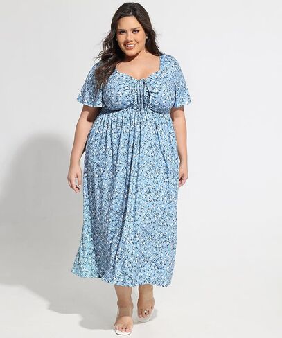 CARCOS Plus Size Dresses for Curvy Women Tie Sweetheart Neck Summer Maxi Dress Short Sleeve Empire Waist Floral Boho Dress in Saudi Arabia