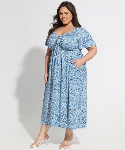 CARCOS Plus Size Dresses for Curvy Women Tie Sweetheart Neck Summer Maxi Dress Short Sleeve Empire Waist Floral Boho Dress in Saudi Arabia