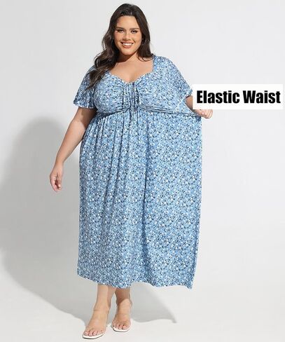 CARCOS Plus Size Dresses for Curvy Women Tie Sweetheart Neck Summer Maxi Dress Short Sleeve Empire Waist Floral Boho Dress in Saudi Arabia