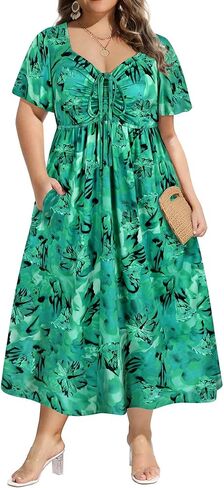 CARCOS Plus Size Dresses for Curvy Women Tie Sweetheart Neck Summer Maxi Dress Short Sleeve Empire Waist Floral Boho Dress in Saudi Arabia