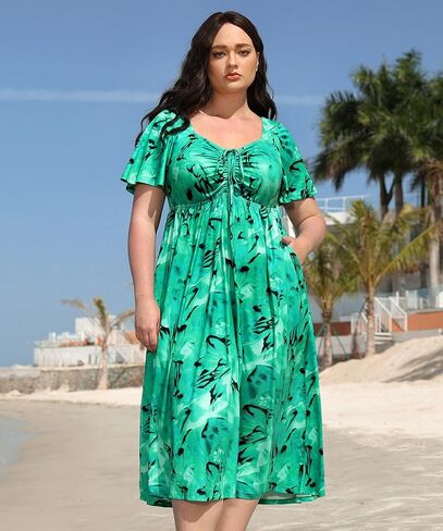 CARCOS Plus Size Dresses for Curvy Women Tie Sweetheart Neck Summer Maxi Dress Short Sleeve Empire Waist Floral Boho Dress in Saudi Arabia