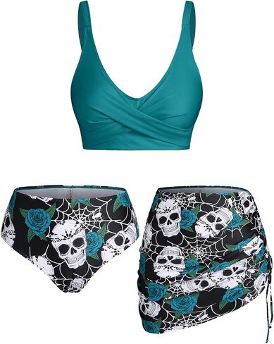 Rosegal Plus Size Women 3 Piece Tankini Swimsuit Gothic Skull Rose Spider Web Print Twist Bathing Suit in Saudi Arabia