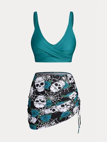 Rosegal Plus Size Women 3 Piece Tankini Swimsuit Gothic Skull Rose Spider Web Print Twist Bathing Suit in Saudi Arabia