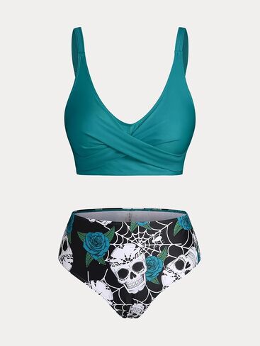 Rosegal Plus Size Women 3 Piece Tankini Swimsuit Gothic Skull Rose Spider Web Print Twist Bathing Suit in Saudi Arabia