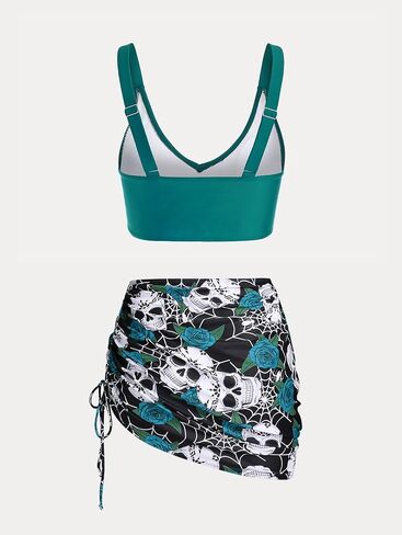 Rosegal Plus Size Women 3 Piece Tankini Swimsuit Gothic Skull Rose Spider Web Print Twist Bathing Suit in Saudi Arabia