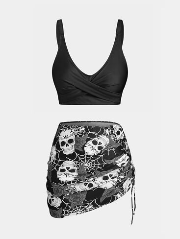 Rosegal Plus Size Women 3 Piece Tankini Swimsuit Gothic Skull Rose Spider Web Print Twist Bathing Suit in Saudi Arabia