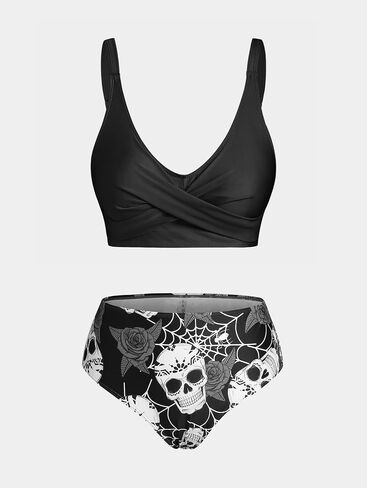 Rosegal Plus Size Women 3 Piece Tankini Swimsuit Gothic Skull Rose Spider Web Print Twist Bathing Suit in Saudi Arabia