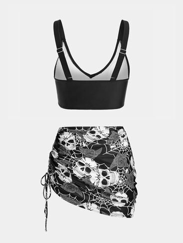 Rosegal Plus Size Women 3 Piece Tankini Swimsuit Gothic Skull Rose Spider Web Print Twist Bathing Suit in Saudi Arabia