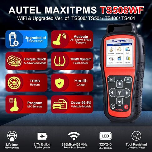 Autel MaxItpms TS508WF WiFi TPMS Relearn Tool ، 2025 تم تحديث VER. من TS508/TS601 ، برنامج MX-SERSORS 315/433 ميجا هرتز ، إعادة توحيد/تنشيط جميع المستشعرات ، القراءة/clear dtcs ، إعادة تعيين TPMS ، دعم مدى الحياة in Kuwait