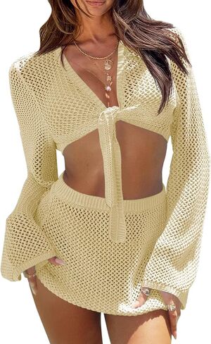 Fisoew Womens Crochet Swimsuit Coverups 2 قطعة بدلة السباحة تستر لأعلى الأكمام الطويلة التعادل الأمامي مجموعات التنورة الصغيرة المصغرة in Saudi Arabia