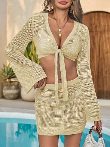 Fisoew Womens Crochet Swimsuit Coverups 2 قطعة بدلة السباحة تستر لأعلى الأكمام الطويلة التعادل الأمامي مجموعات التنورة الصغيرة المصغرة in Saudi Arabia