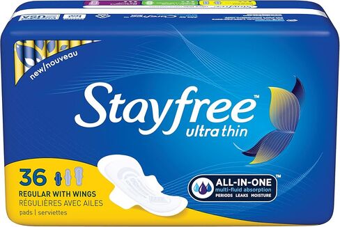 منصات عادية رقيقة من Stayfree مع أجنحة للنساء ، والحماية الموثوقة والامتصاص للرطوبة الأنثوية ، والتسربات والفترات ، 36 عددًا in Kuwait