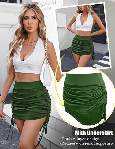 Avidlove Skirts for Women Sexy High Waist Side Drawstring Stretchy Ruched Bodycon Short Mini Skirt with Underskirt in Saudi Arabia