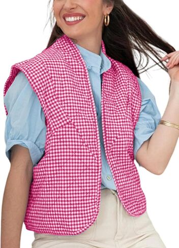 VAOYIU Womens Cropped Puffer Vest Lightweight Sleeveless Plaid Printed Cotton Quilted Vest Outwear in Kuwait
