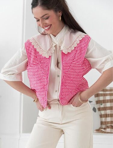 VAOYIU Womens Cropped Puffer Vest Lightweight Sleeveless Plaid Printed Cotton Quilted Vest Outwear in Kuwait