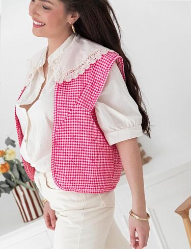 VAOYIU Womens Cropped Puffer Vest Lightweight Sleeveless Plaid Printed Cotton Quilted Vest Outwear in Kuwait