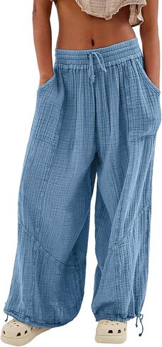 utcoco Womens Casual Loose Fit Wide Leg Cotton Pants Drawstring Stitching Baggy Pants Trousers with Pockets in Saudi Arabia