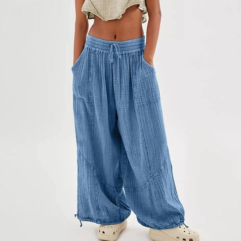 utcoco Womens Casual Loose Fit Wide Leg Cotton Pants Drawstring Stitching Baggy Pants Trousers with Pockets in Saudi Arabia