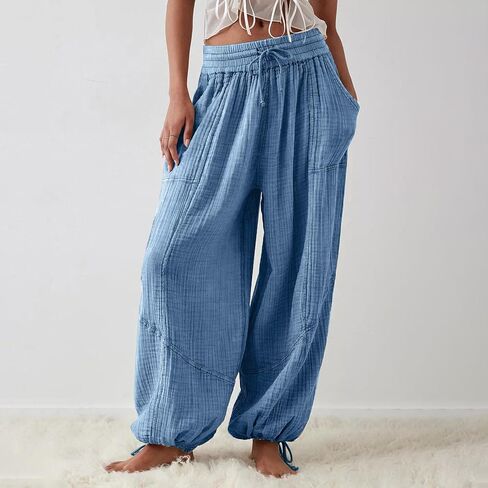 utcoco Womens Casual Loose Fit Wide Leg Cotton Pants Drawstring Stitching Baggy Pants Trousers with Pockets in Saudi Arabia