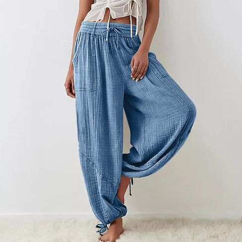 utcoco Womens Casual Loose Fit Wide Leg Cotton Pants Drawstring Stitching Baggy Pants Trousers with Pockets in Saudi Arabia