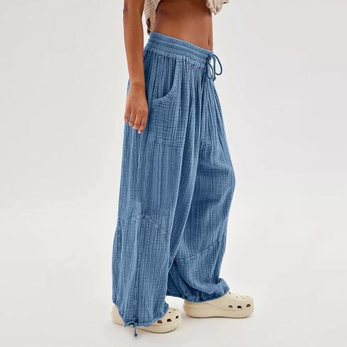 utcoco Womens Casual Loose Fit Wide Leg Cotton Pants Drawstring Stitching Baggy Pants Trousers with Pockets in Saudi Arabia