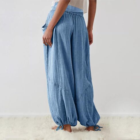 utcoco Womens Casual Loose Fit Wide Leg Cotton Pants Drawstring Stitching Baggy Pants Trousers with Pockets in Saudi Arabia