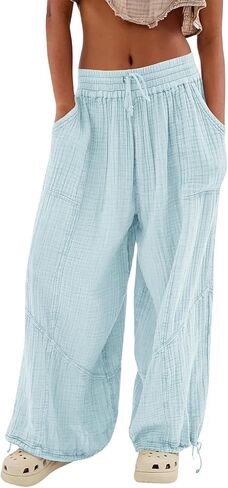 utcoco Womens Casual Loose Fit Wide Leg Cotton Pants Drawstring Stitching Baggy Pants Trousers with Pockets in Saudi Arabia