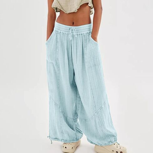 utcoco Womens Casual Loose Fit Wide Leg Cotton Pants Drawstring Stitching Baggy Pants Trousers with Pockets in Saudi Arabia