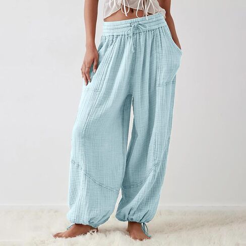 utcoco Womens Casual Loose Fit Wide Leg Cotton Pants Drawstring Stitching Baggy Pants Trousers with Pockets in Saudi Arabia