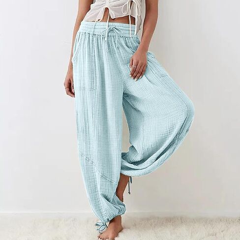 utcoco Womens Casual Loose Fit Wide Leg Cotton Pants Drawstring Stitching Baggy Pants Trousers with Pockets in Saudi Arabia