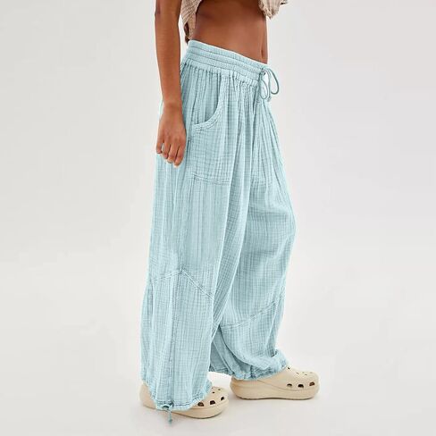 utcoco Womens Casual Loose Fit Wide Leg Cotton Pants Drawstring Stitching Baggy Pants Trousers with Pockets in Saudi Arabia