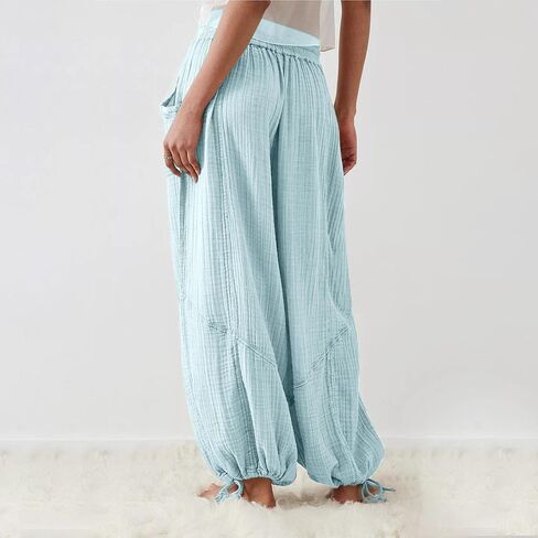 utcoco Womens Casual Loose Fit Wide Leg Cotton Pants Drawstring Stitching Baggy Pants Trousers with Pockets in Saudi Arabia