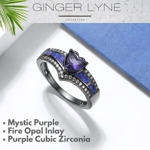 Black Engagement Ring for Women by Ginger Lyne | Promise Ring for Her | Mystic Purple Cubic Zirconia Wedding Rings | Simulated Fire Opal Birthstone or Bridal for Women in Saudi Arabia