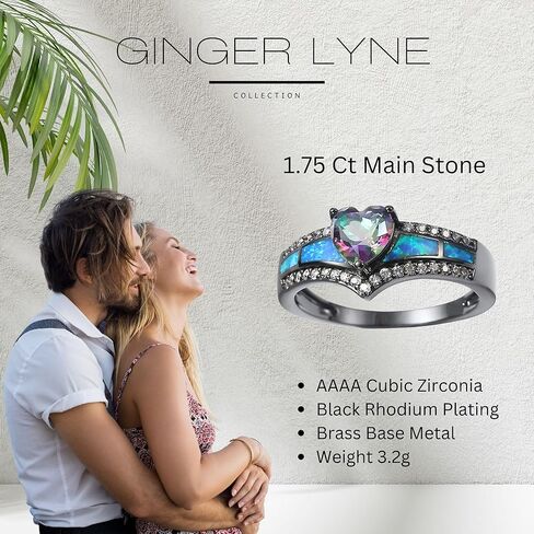 Black Engagement Ring for Women by Ginger Lyne | Promise Ring for Her | Mystic Purple Cubic Zirconia Wedding Rings | Simulated Fire Opal Birthstone or Bridal for Women in Saudi Arabia