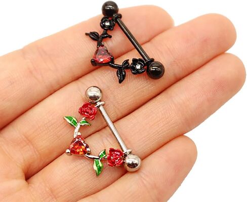 14G D-shaped Flower Nipple Rings for Women Pink Red Black Floral Nipplerings Nipple Barbell Nipple Piercing Jewelry in Saudi Arabia