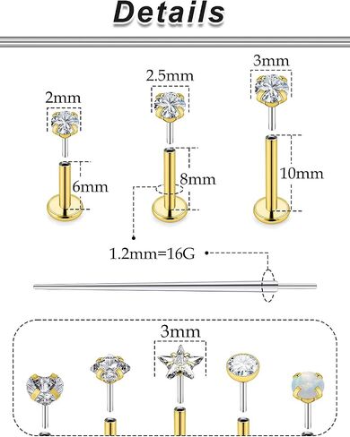 Ocptiy 20G 18G 16G Push in Theadless Nose Rings Studs Hypoallergenic Lip Labret Jewelry Flat Back Nose Stud Stainless Steel Cartilage Helix Tragus Earrings for Women Men 6mm 7mm 8mm Bars Diamond 3mm in Kuwait