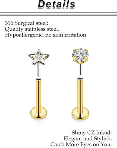 Ocptiy 20G 18G 16G Push in Theadless Nose Rings Studs Hypoallergenic Lip Labret Jewelry Flat Back Nose Stud Stainless Steel Cartilage Helix Tragus Earrings for Women Men 6mm 7mm 8mm Bars Diamond 3mm in Kuwait