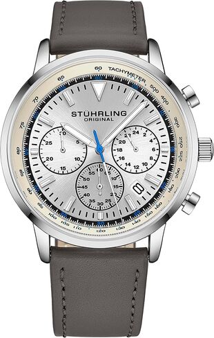 Stuhrling Original Chronograph Watch Men's Watches 44mm Steel Case Blue Dial with Leather Strap Tachymeter 24-Hour Subdial in Saudi Arabia