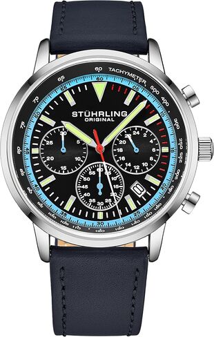 Stuhrling Original Chronograph Watch Men's Watches 44mm Steel Case Blue Dial with Leather Strap Tachymeter 24-Hour Subdial in Saudi Arabia