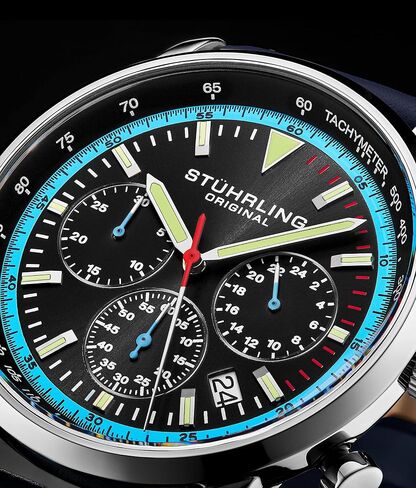 Stuhrling Original Chronograph Watch Men's Watches 44mm Steel Case Blue Dial with Leather Strap Tachymeter 24-Hour Subdial in Saudi Arabia