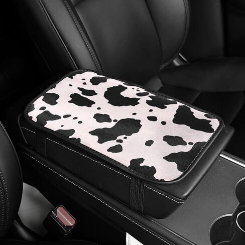 Cow Print Car Center Console Cover, PVC Leather Waterproof Armrest Seat Box Cover Protector, Comfortable Car Decor Accessories Fit for Most Cars, Vehicles, SUVs (White Black) in Saudi Arabia
