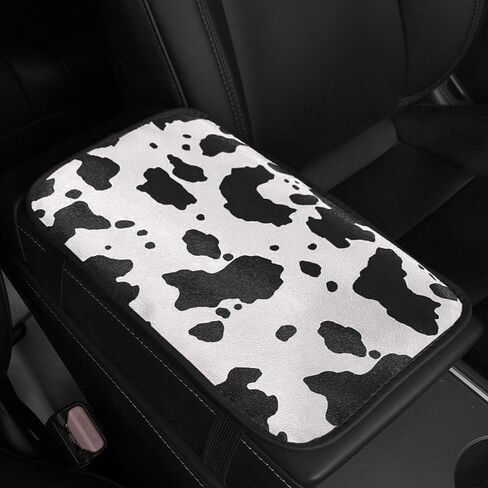 Cow Print Car Center Console Cover, PVC Leather Waterproof Armrest Seat Box Cover Protector, Comfortable Car Decor Accessories Fit for Most Cars, Vehicles, SUVs (White Black) in Saudi Arabia