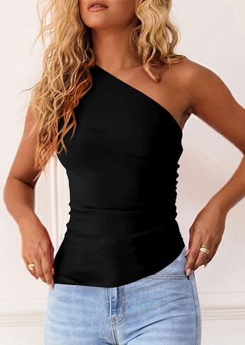 PRETTYGARDEN Womens 2025 Summer Y2K Tops Sleeveless One Shoulder Slim Fit Shirts Ruched Knit Asymmetrical Top Blouse in Saudi Arabia
