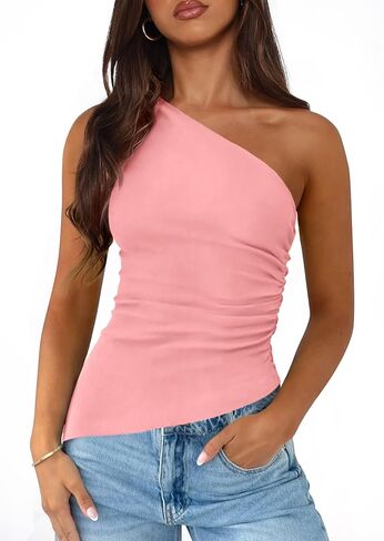 PRETTYGARDEN Womens 2025 Summer Y2K Tops Sleeveless One Shoulder Slim Fit Shirts Ruched Knit Asymmetrical Top Blouse in Saudi Arabia