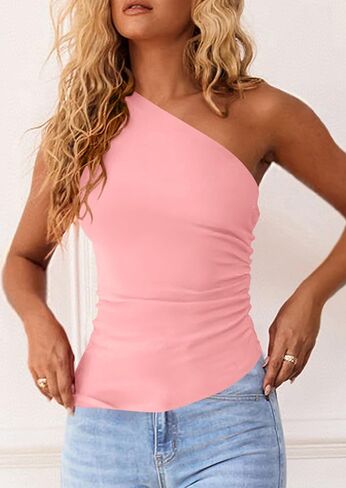 PRETTYGARDEN Womens 2025 Summer Y2K Tops Sleeveless One Shoulder Slim Fit Shirts Ruched Knit Asymmetrical Top Blouse in Saudi Arabia